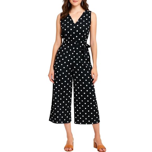 1990s Vintage Black White Polka Dot Jumpsuit Sz Small Sleeveless Wide Leg Belted - Picture 1 of 12